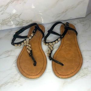 Black T-Strap Sandals w/ Pearls - 8